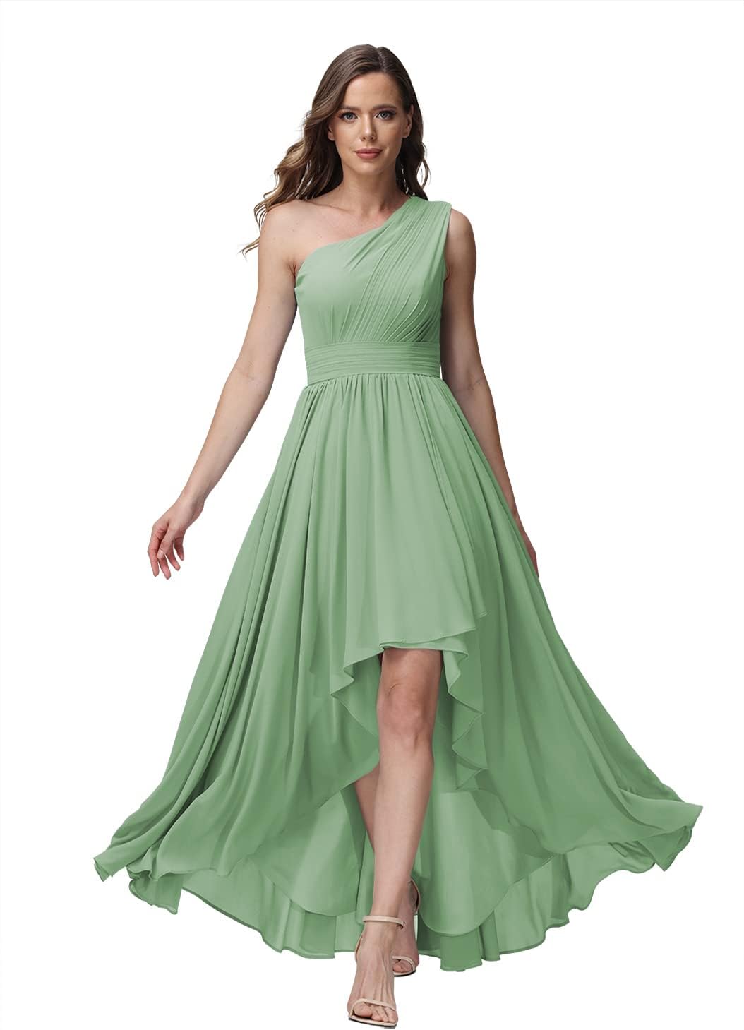 Vestido de dama de honor de un solo hombro para mujer, vestido formal de noche de gasa con bolsillos y corte alto bajo