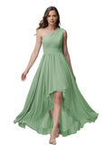 Vestido de dama de honor de un solo hombro para mujer, vestido formal de noche de gasa con bolsillos y corte alto bajo
