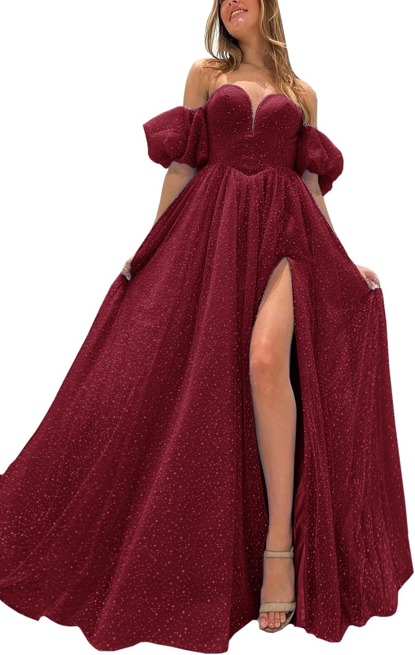 Tulle Prom Dresses for Women 2027 Sparkly Puffy Sleeves Long Ball Gowns with Slit A-Line Evening Dresses