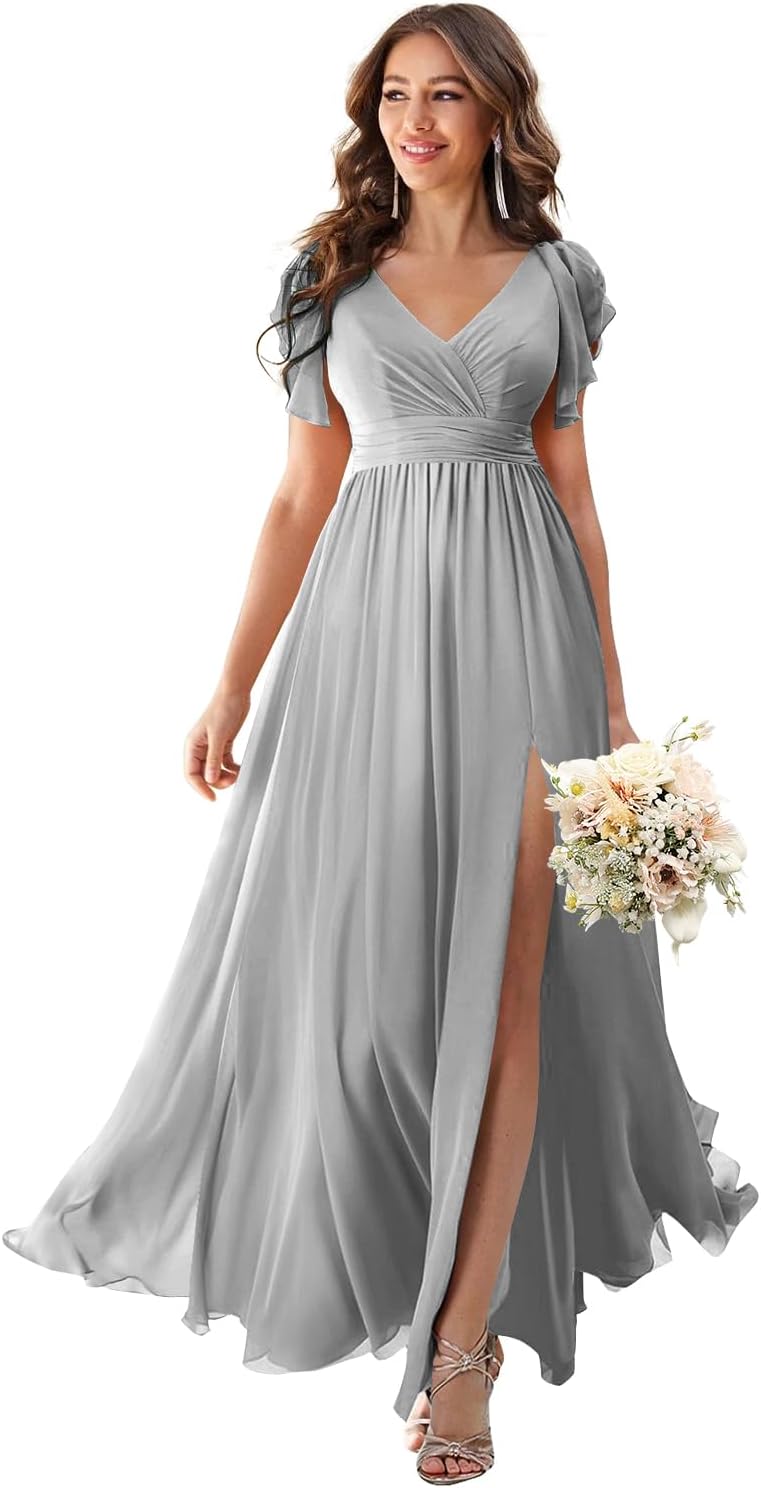 V Neck Flutter Sleeves Bridesmaid Dresses with Slit 2025 Chiffon Aline Pleats Formal Evening Gowns for Women