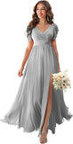 V Neck Flutter Sleeves Bridesmaid Dresses with Slit 2025 Chiffon Aline Pleats Formal Evening Gowns for Women