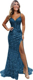 Sparkly Sequin Prom Dresses for Teens 2026 V Neck Glitter Applique Mermaid Formal Evening Gown with Slit