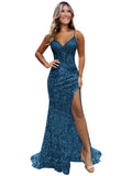 Sparkly Sequin Prom Dresses for Teens 2026 V Neck Glitter Applique Mermaid Formal Evening Gown with Slit