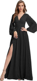 Womens V-Neck Long Sleeve Bridesmaid Dresses with Slit 2024 Ruched A-line Chiffon Prom Formal Dresses