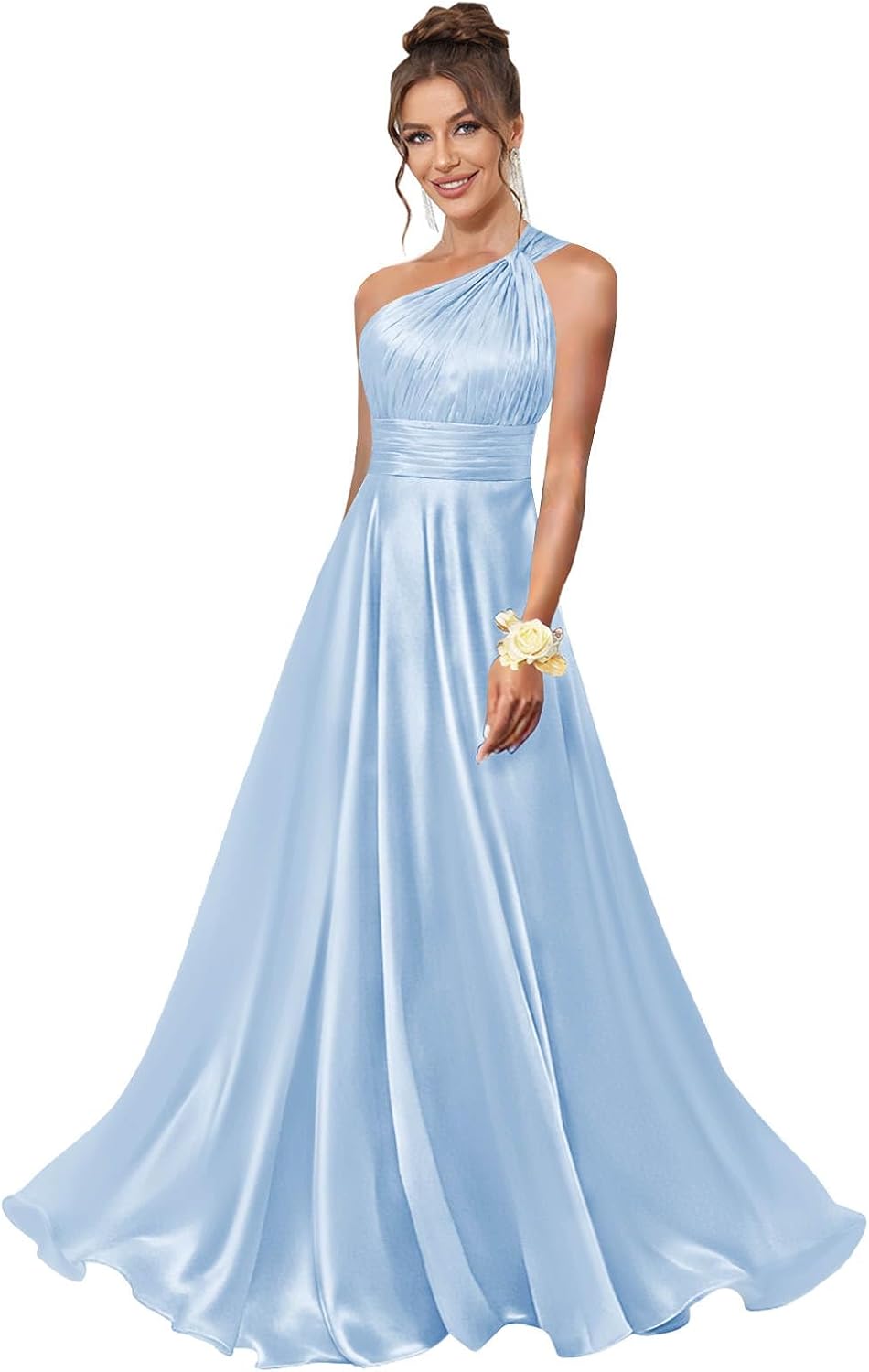 One Shoulder Bridesmaid Dresses for Women Satin Pleated A Line Long Formal Prom Dress with Pockets