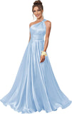 One Shoulder Bridesmaid Dresses for Women Satin Pleated A Line Long Formal Prom Dress with Pockets