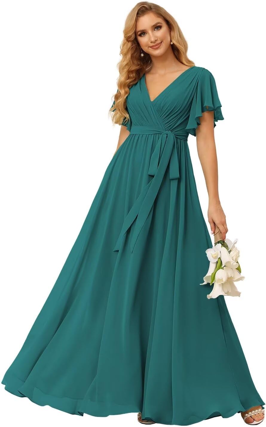 Damen Brautjungfernkleider mit Flatterärmeln, lang, mit Taschen, V-Ausschnitt, Chiffon, formelle Kleider 