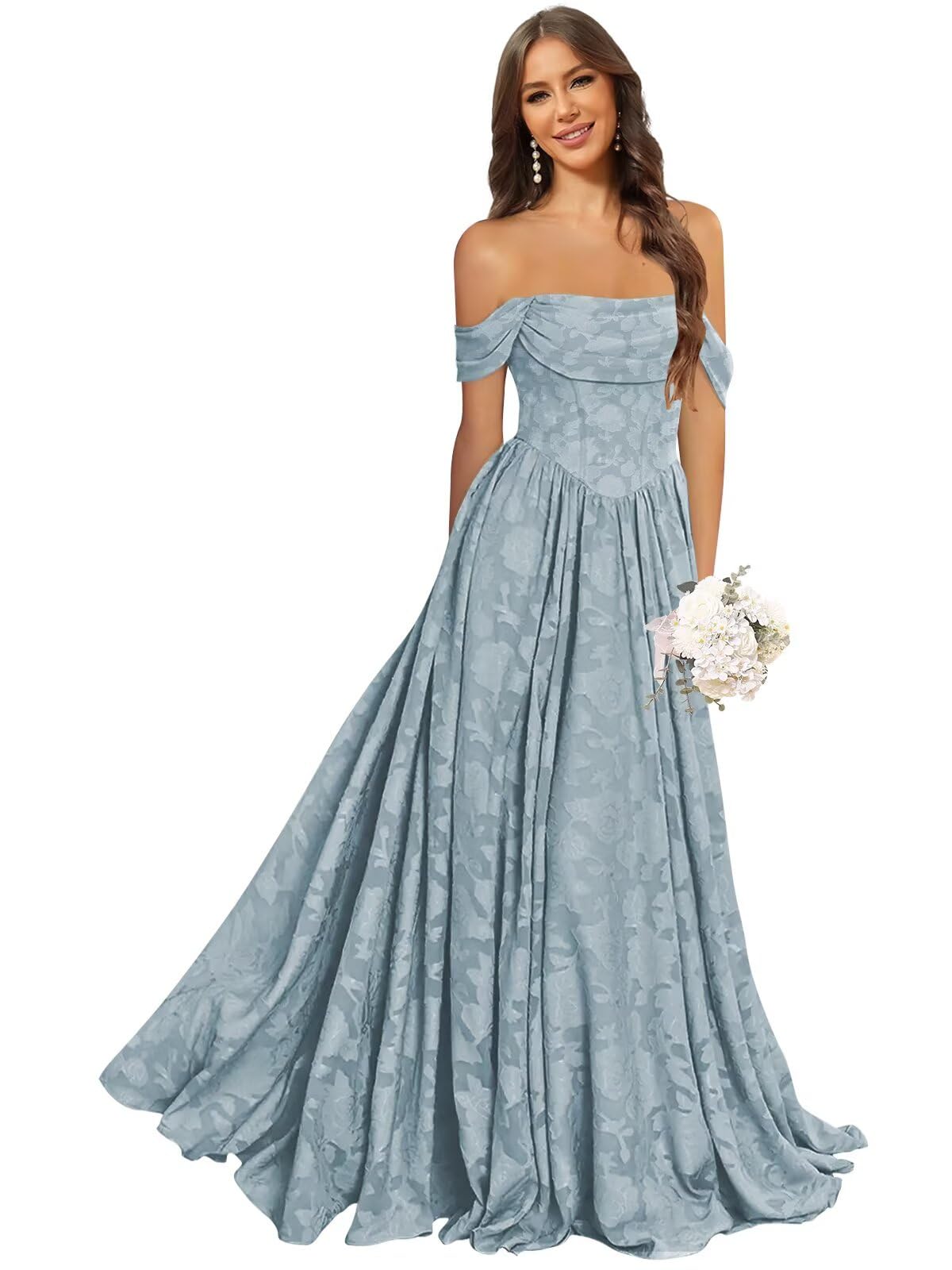 Jacquard Chiffon Bridesmaid Dresses Long Off The Shoulder Formal Evening Dress for Women