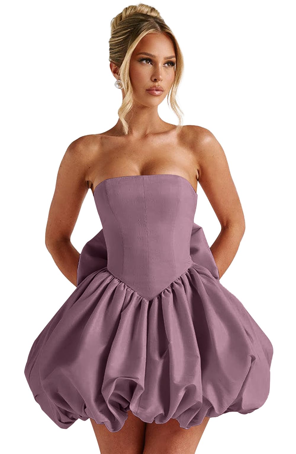 Satin Flower Bud Homecoming Dress Short Prom Dress with Bow Strapless A Line Mini Cocktail Party Gown