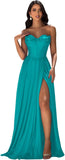 Strapless Prom Dress with Slit Satin A Line Long Ball Gowns for Women Sweetheart Corset Formal Dress with Pockets
