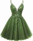 Spaghetti Straps Sequin Lace Appliques Short Homecoming Dresses for Teens Glitter Tulle Prom Party Dresses