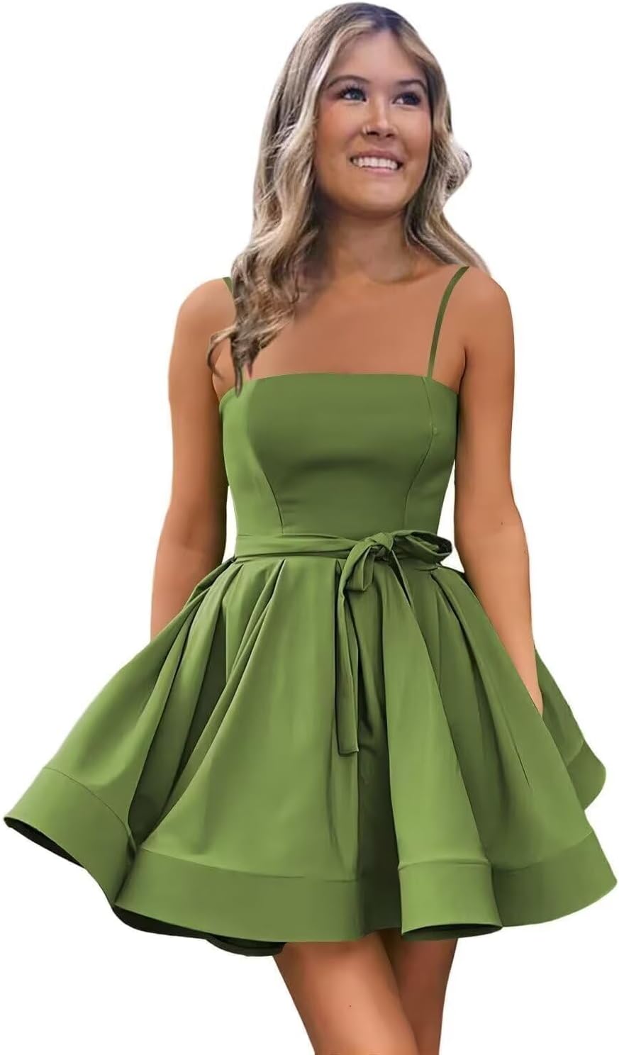 Women’s Short Satin Spaghetti Straps Formal Homecoming Dresses A Line Corset Puffy Prom Gown with Pockets for Teens