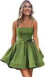 Women’s Short Satin Spaghetti Straps Formal Homecoming Dresses A Line Corset Puffy Prom Gown with Pockets for Teens