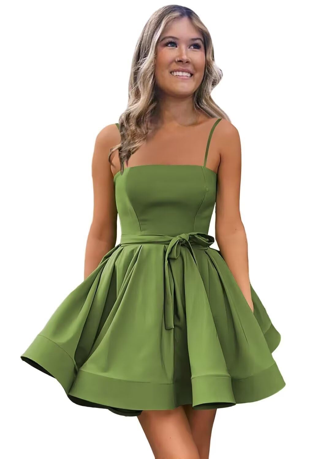 Women’s Short Satin Spaghetti Straps Formal Homecoming Dresses A Line Corset Puffy Prom Gown with Pockets for Teens