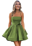 Women’s Short Satin Spaghetti Straps Formal Homecoming Dresses A Line Corset Puffy Prom Gown with Pockets for Teens