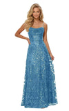 Lace Sequin Prom Dresses Spaghetti Straps A-Line Cowl Neck Pleated Sparkly Long Formal Evening Party Gowns