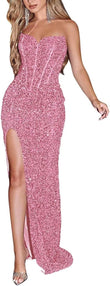 Sparkly Sequin Prom Dresses for Women 2025 Long Mermaid Strapless Glitter Formal Evening Prom Ball Gown with Slit