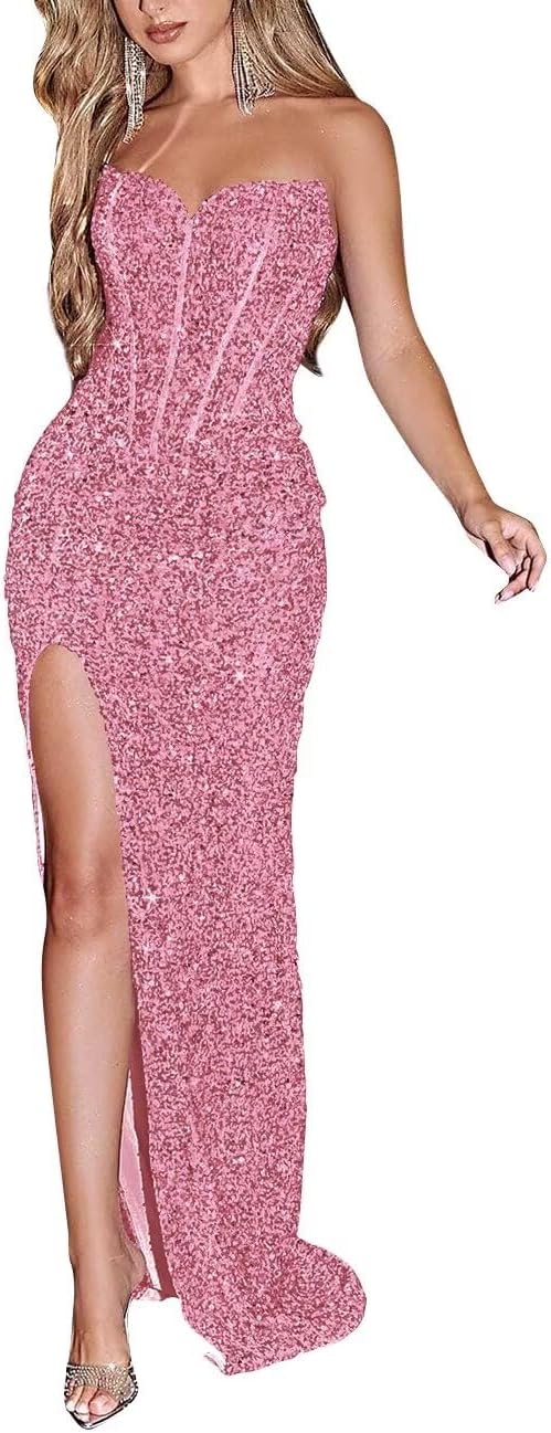 Sparkly Sequin Prom Dresses for Women 2025 Long Mermaid Strapless Glitter Formal Evening Prom Ball Gown with Slit