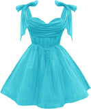 Tulle Short Homecoming Dress for Teens Sparkly Lace DAMA Dresses for Quinceanera Spaghetti Straps Bow Prom Gown