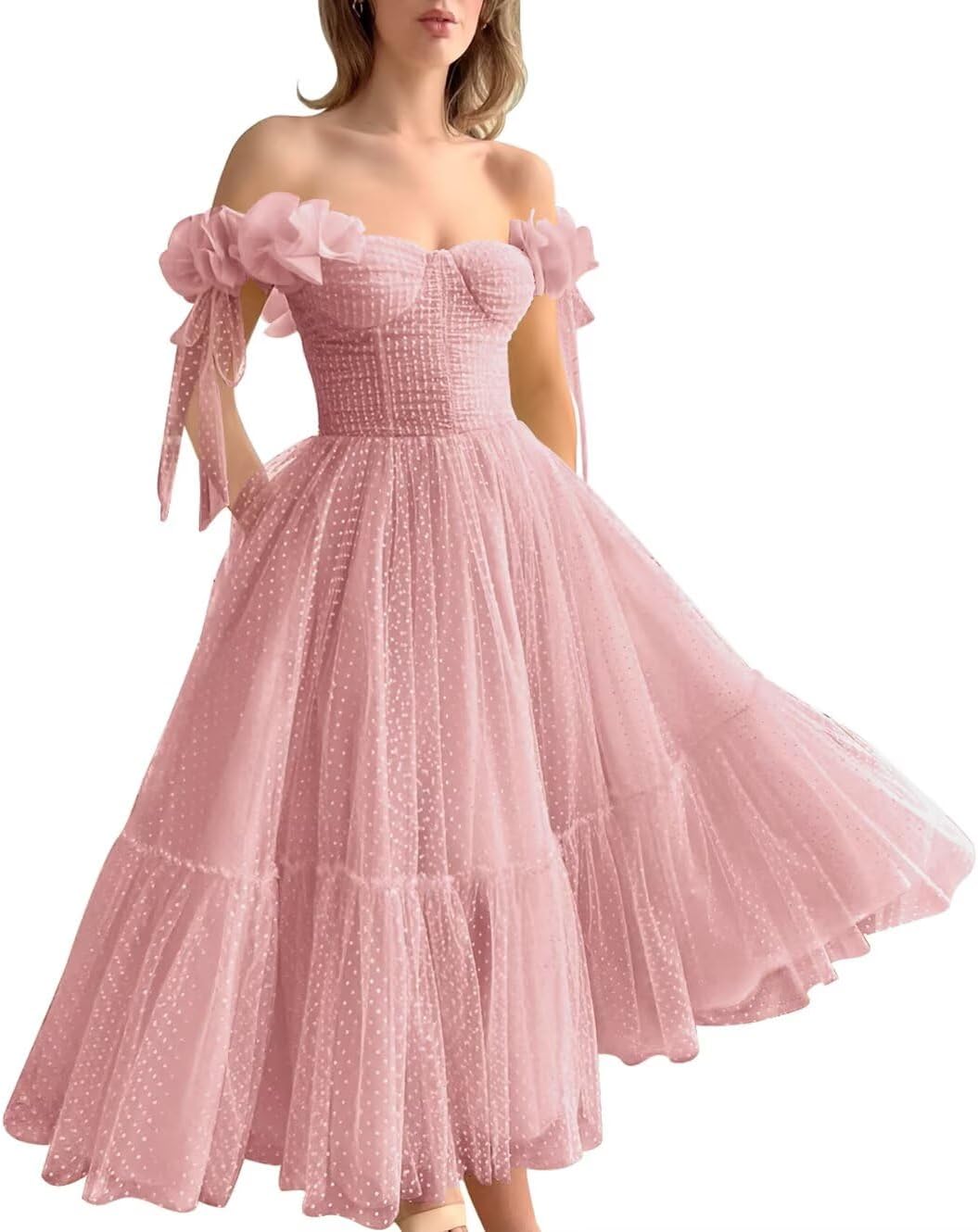 Dotted Tulle Off Shoulder Prom Dress for Women Sweetheart Midi Puffy Formal Party Gowns