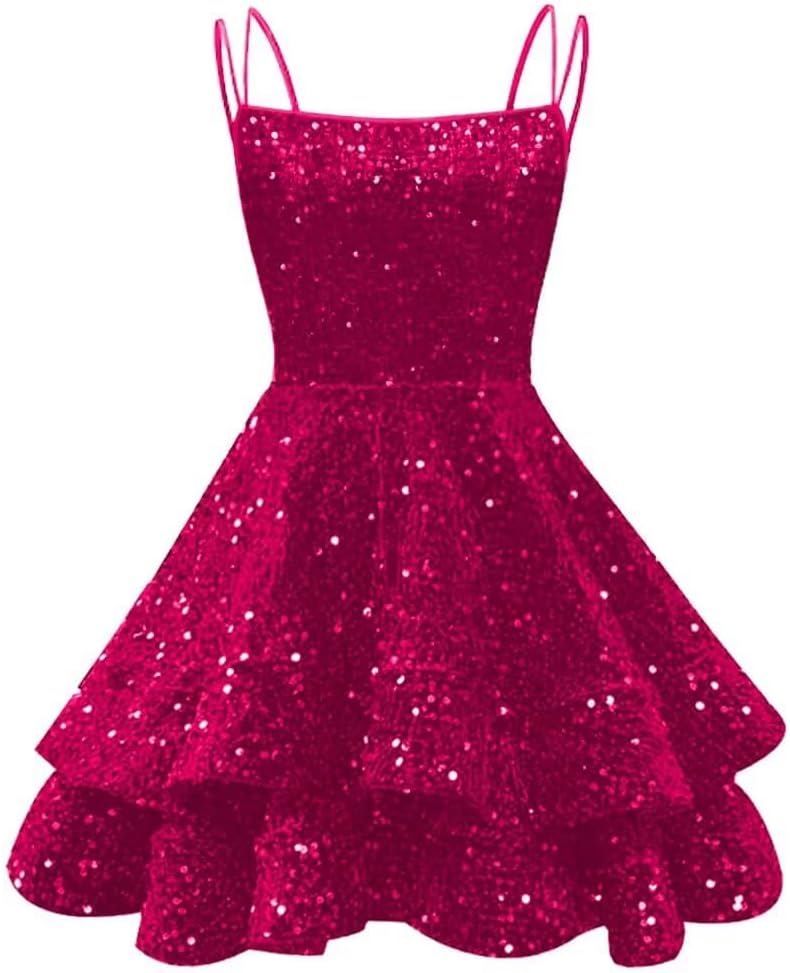 Spaghetti Straps Sequin Homecoming Dresses for Teens Sparkly Tiered Short Prom Dress 2026 Mini Cocktail Party Gown