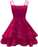 Spaghetti Straps Sequin Homecoming Dresses for Teens Sparkly Tiered Short Prom Dress 2026 Mini Cocktail Party Gown