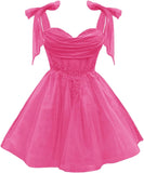 Tulle Short Homecoming Dress for Teens Sparkly Lace DAMA Dresses for Quinceanera Spaghetti Straps Bow Prom Gown