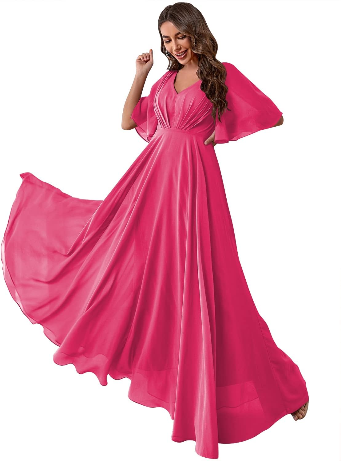 Women's Batwing Sleeve Chiffon Bridesmaid Dresses with Pockets V Neck Long Formal Evening Dress