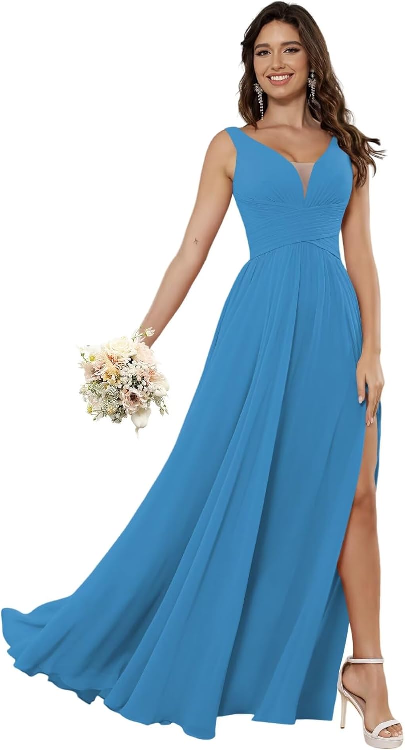 Vestidos de dama de honor sencillos de gasa para mujer con bolsillos, vestidos formales largos con escote en V y abertura 