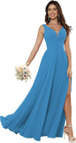 Vestidos de dama de honor sencillos de gasa para mujer con bolsillos, vestidos formales largos con escote en V y abertura 