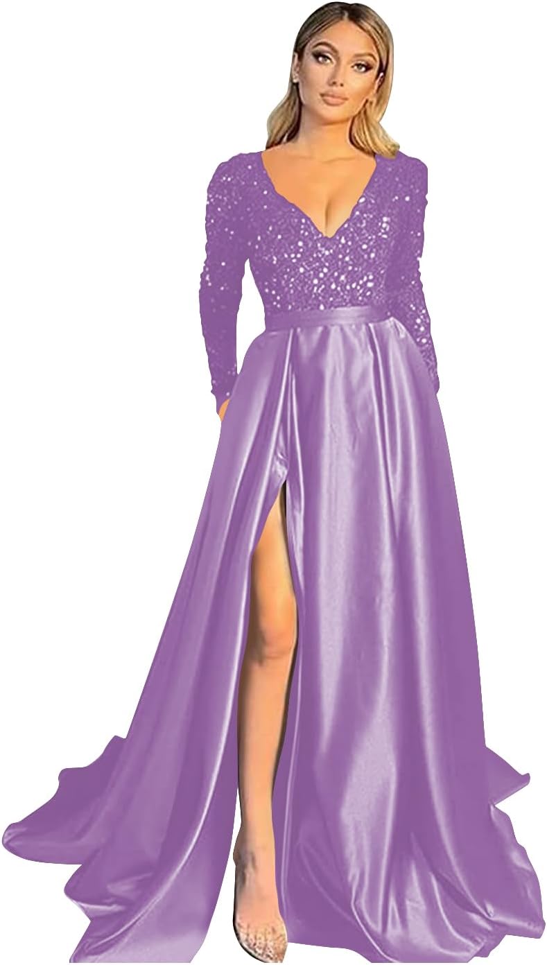 Vestido de fiesta de satén con lentejuelas brillantes para mujer, con bolsillos, manga larga y abertura. 