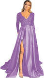 Vestido de fiesta de satén con lentejuelas brillantes para mujer, con bolsillos, manga larga y abertura. 