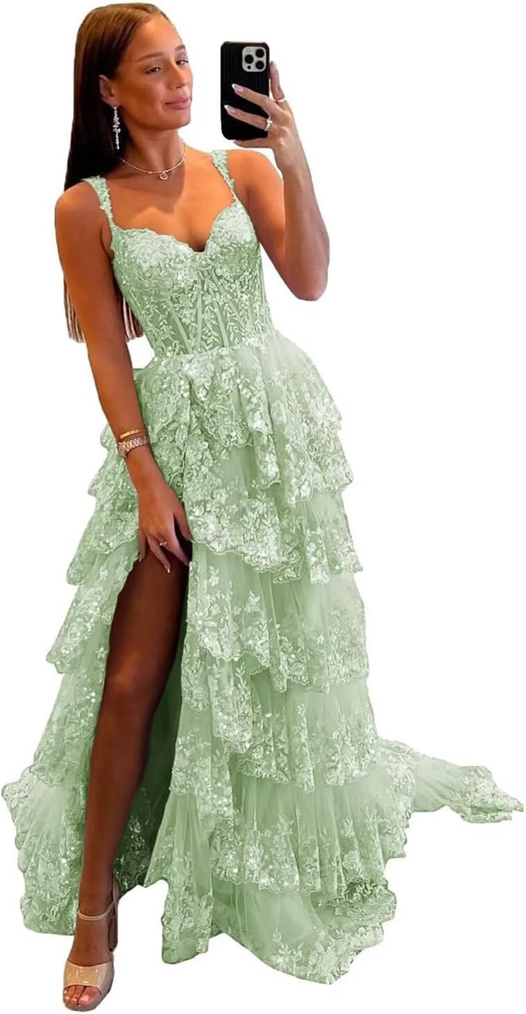 Vestido de fiesta de tul con encaje y capas, tirantes finos y abertura larga, corsé brillante, vestidos formales de fiesta de noche 