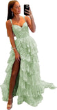 Vestido de fiesta de tul con encaje y capas, tirantes finos y abertura larga, corsé brillante, vestidos formales de fiesta de noche 