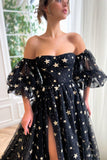 Off Shoulder Sparkly Tulle Long Prom Dress A Line for Women Formal Evening Dresses