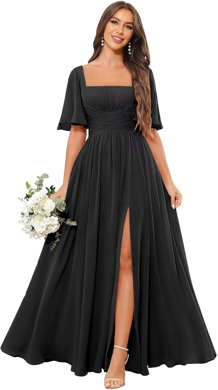 Square Neck Bridesmaid Dresses with Slit Pockets Flutter Sleeve Long Chiffon Formal Wedding Guest Dress