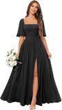 Square Neck Bridesmaid Dresses with Slit Pockets Flutter Sleeve Long Chiffon Formal Wedding Guest Dress