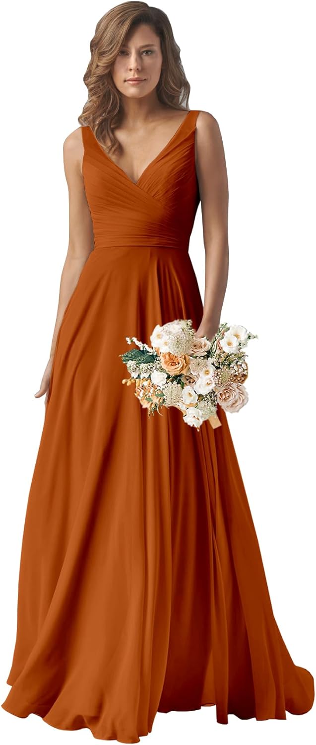 Chiffon Bridesmaid Dresses Long for Women A Line Ruched Formal Porm Evening Gowns