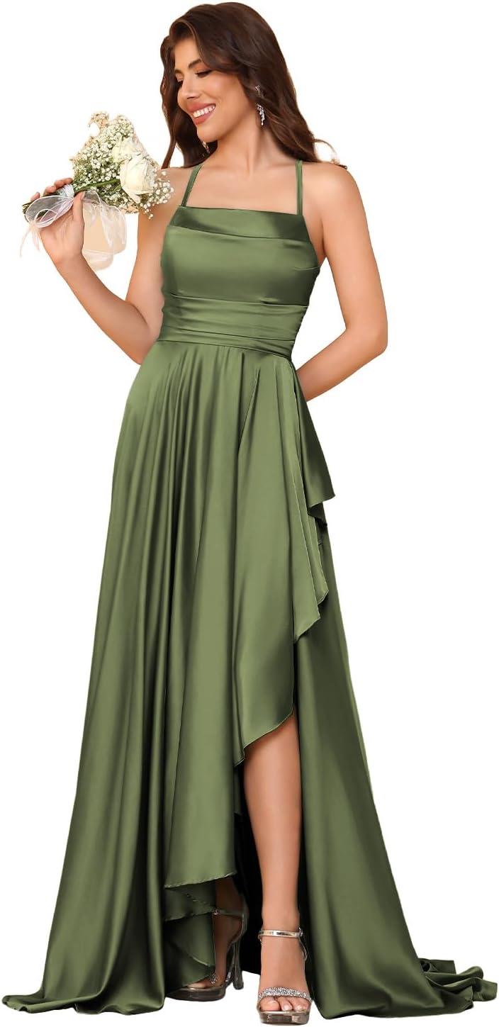 Women's Long Satin Bridesmaid Dresses Spaghetti Strap Halter Formal Evening Gown Ruffle High Low Wedding Guest Dress