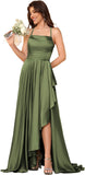 Women's Long Satin Bridesmaid Dresses Spaghetti Strap Halter Formal Evening Gown Ruffle High Low Wedding Guest Dress