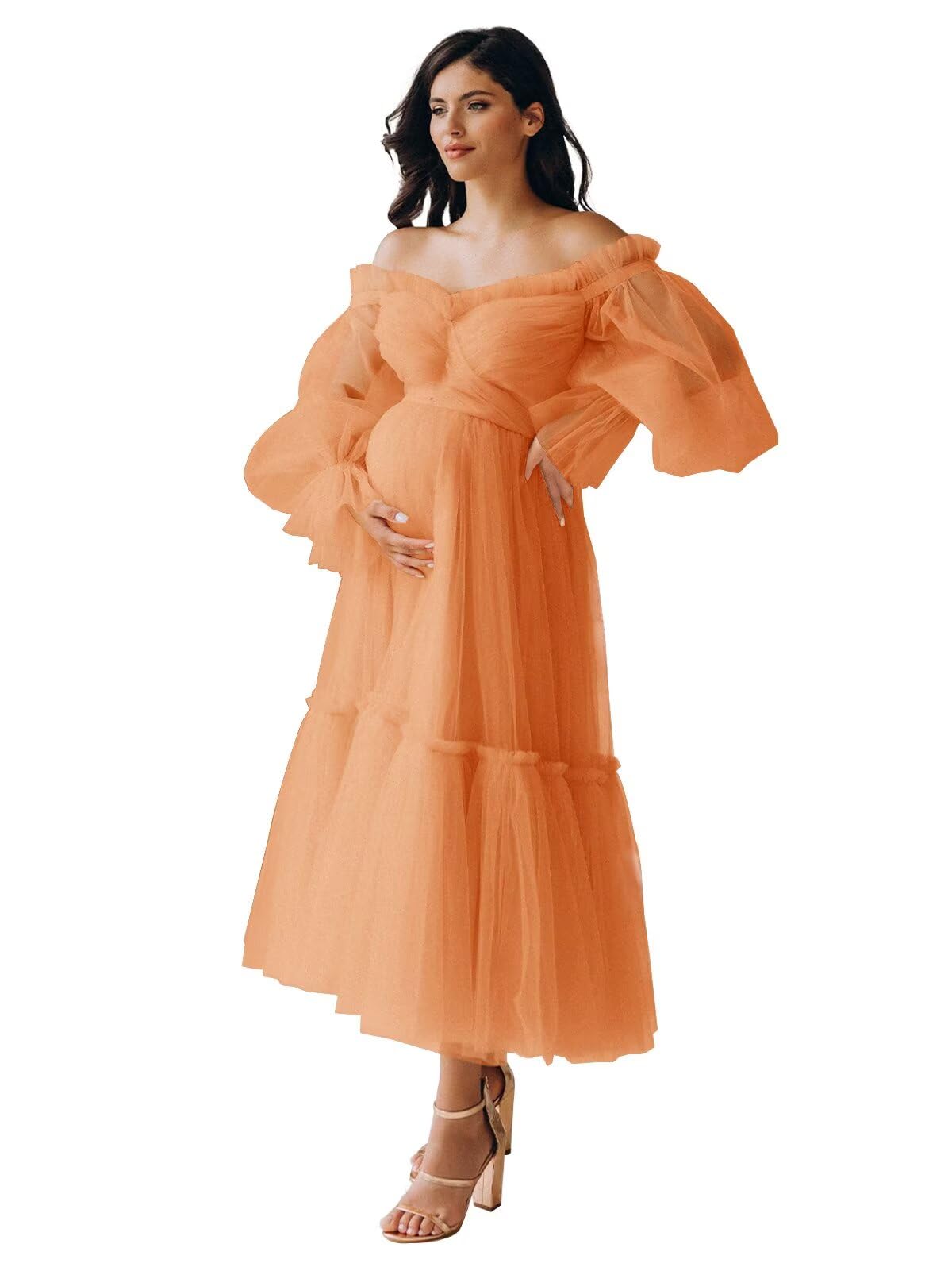 Eightale Tulle Tea Length Maternity Dresses for Photo Shoot Long Sleeve Pregnancy Gown for Baby Shower