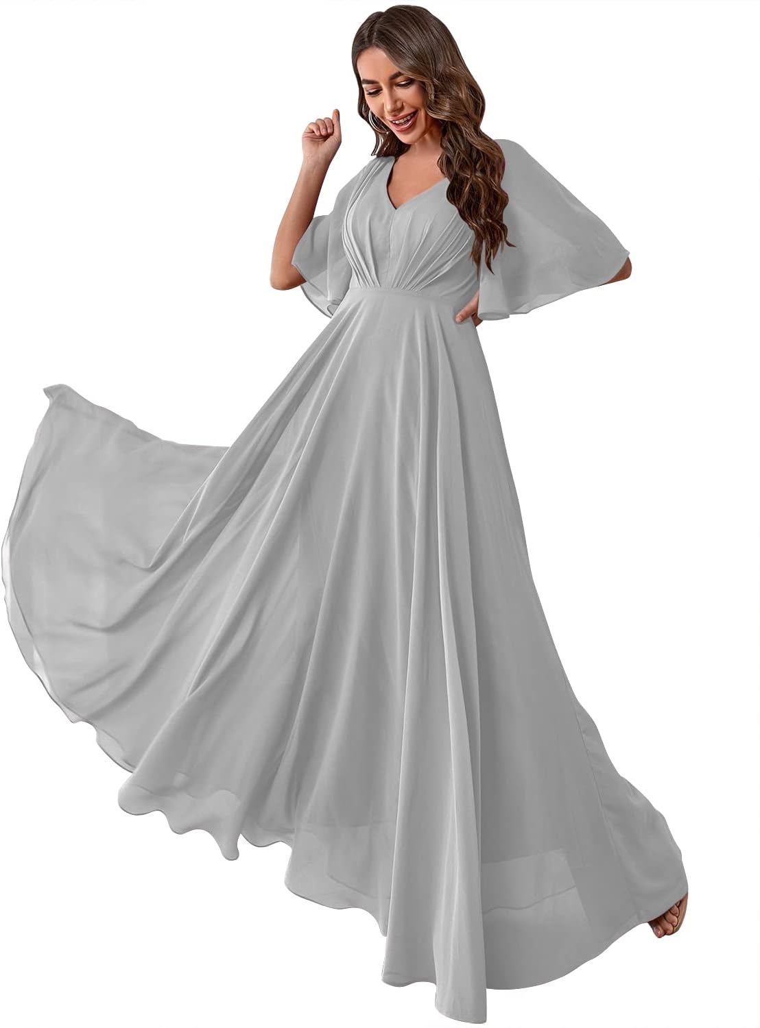 Women's Batwing Sleeve Chiffon Bridesmaid Dresses with Pockets V Neck Long Formal Evening Dress