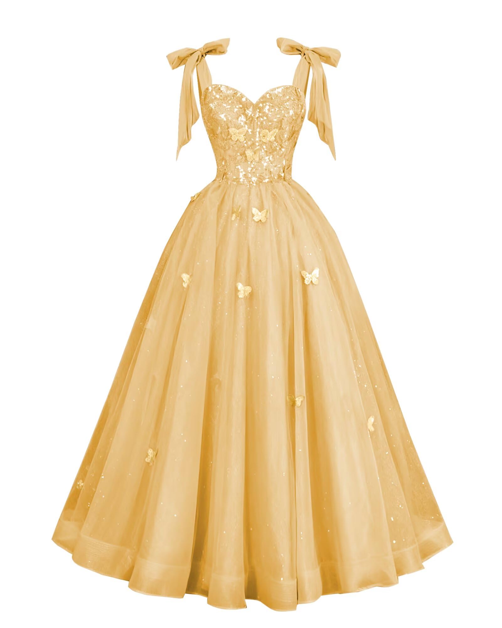 Glitter Tulle Prom Dress for Teens 3D Butterfly Long Ball Gowns Sequin Princess Quinceanera Dresses with Bow