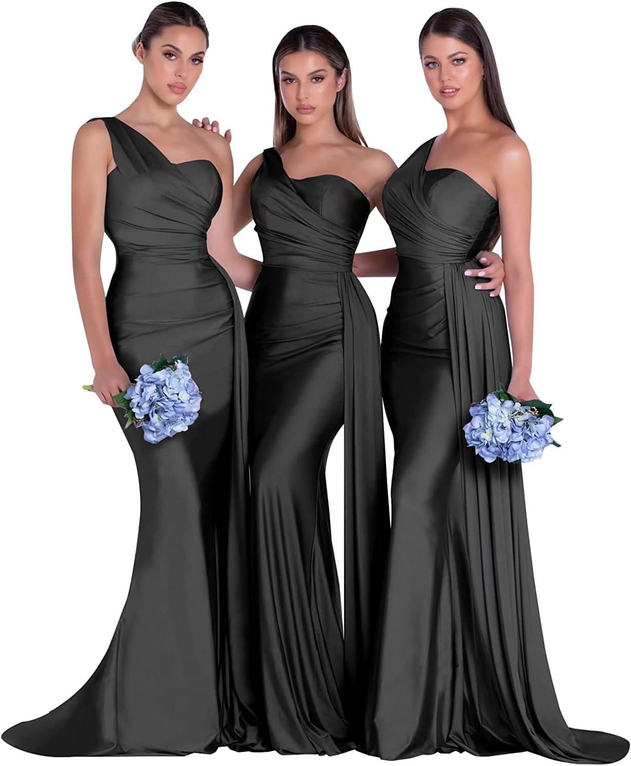Women's One Shoulder Mermaid Bridesmaid Dresses Long Ruched Bodycon Satin Formal Prom Gowns
