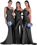 Women's One Shoulder Mermaid Bridesmaid Dresses Long Ruched Bodycon Satin Formal Prom Gowns