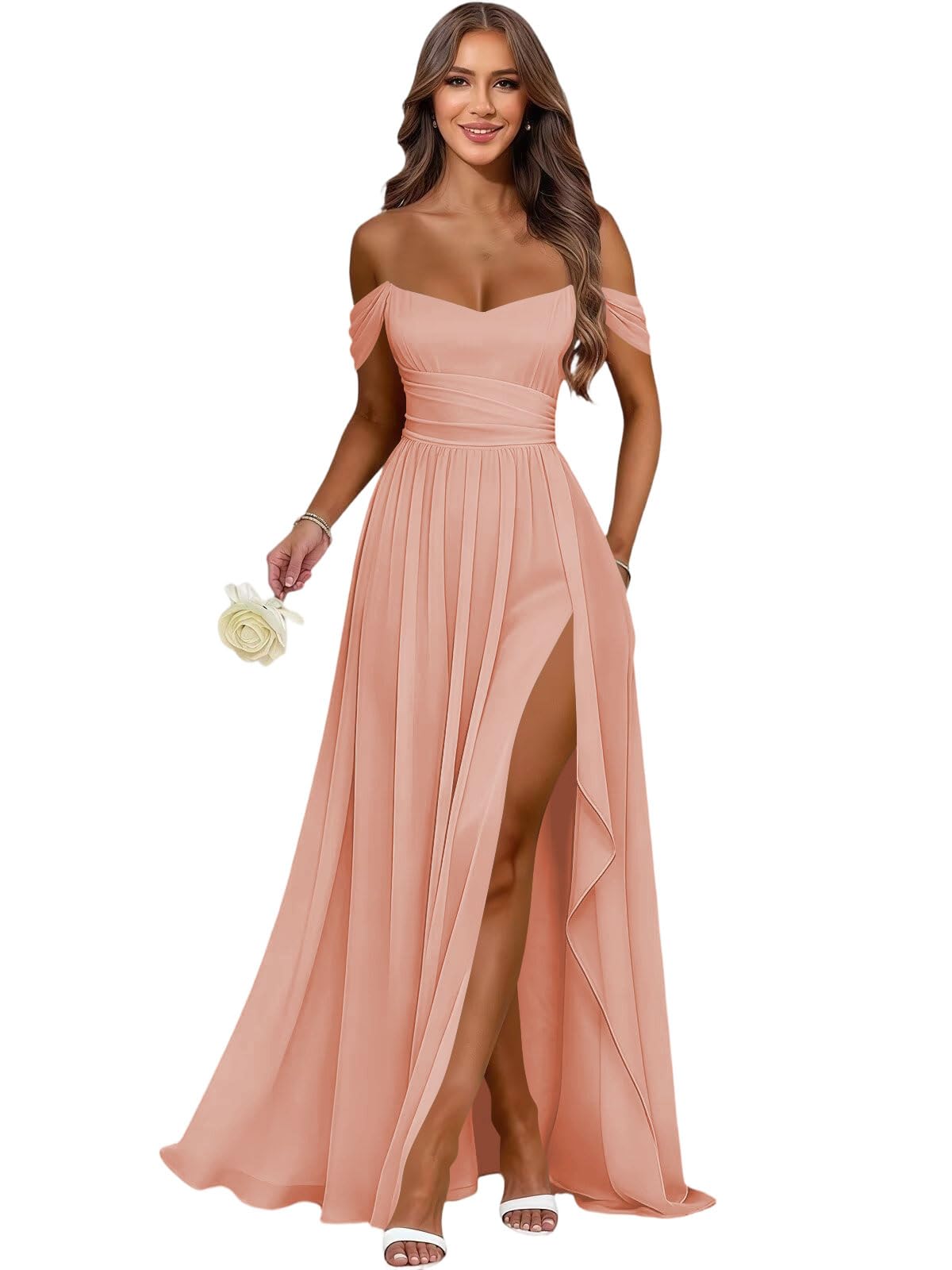 Women's Long Chiffon Bridesmaid Dresses with Slit Off Shoulder A-Line Formal Prom Evening Gown Maxi Wedding Guest Dress