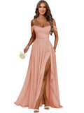 Women's Long Chiffon Bridesmaid Dresses with Slit Off Shoulder A-Line Formal Prom Evening Gown Maxi Wedding Guest Dress