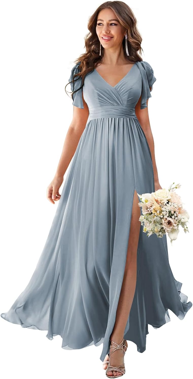 V Neck Flutter Sleeves Bridesmaid Dresses with Slit 2025 Chiffon Aline Pleats Formal Evening Gowns for Women