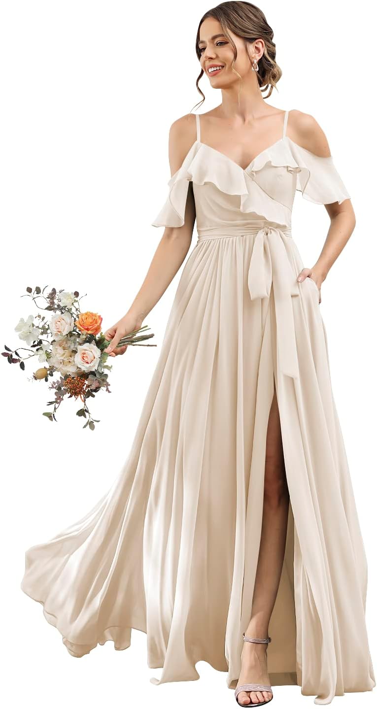 Women's Bridesmaid Dresses with Slit Long Cold Shoulder Chiffon Formal Party Dress with Pockets