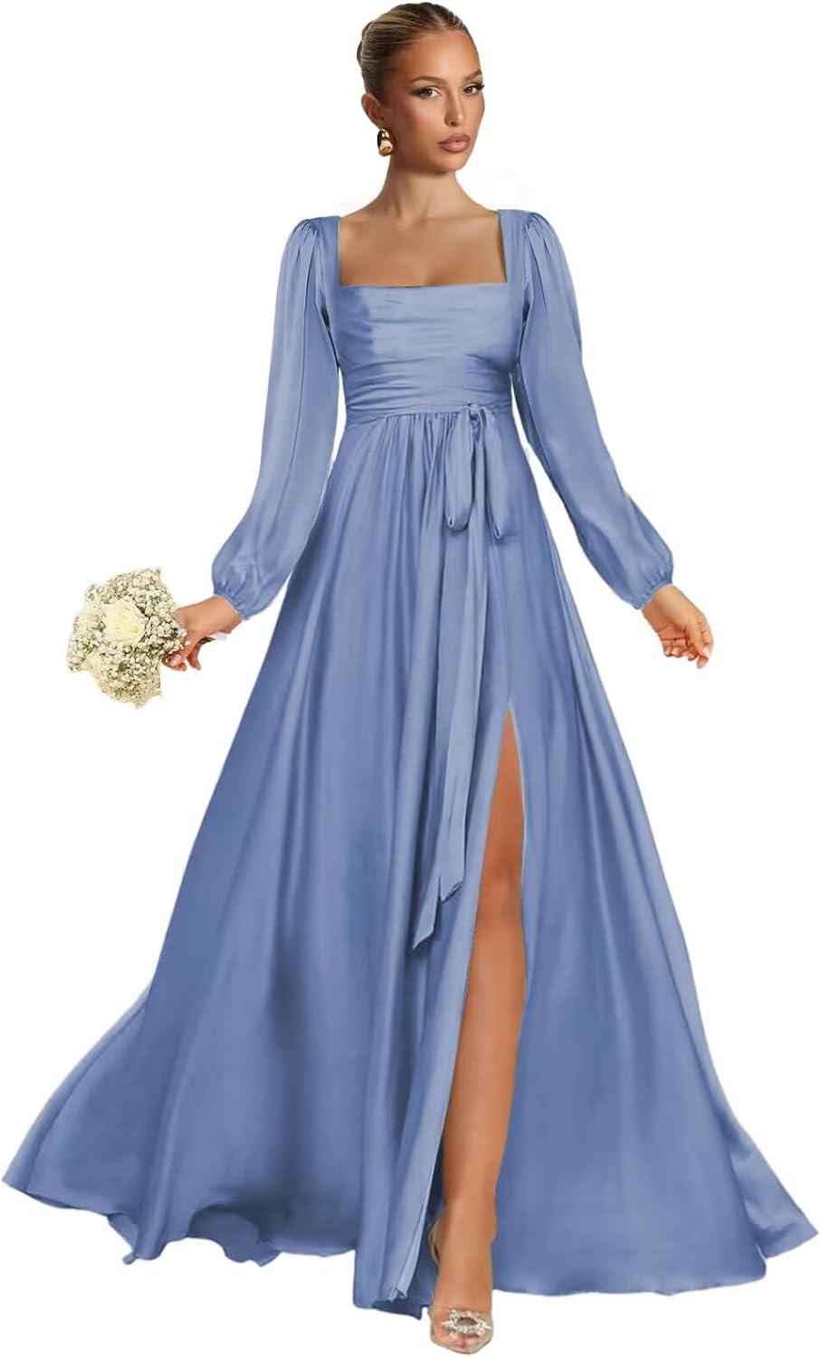 Satin Bridesmaid Dresses with Slit Long Sleeve Square Neck A Line Maxi Formal Dress